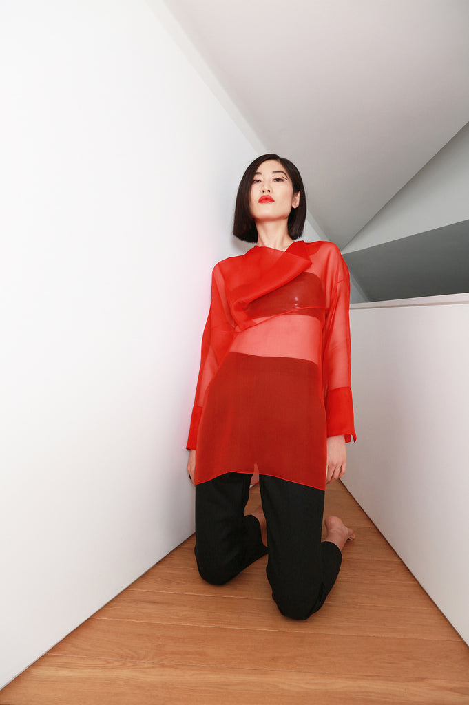 MALEVITCH sheer silk organza top with a drape